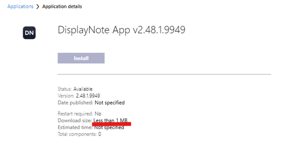 the install displaynote page with an install button