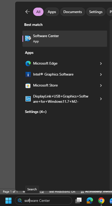 the Windows search bar at the bottom of the screen type in software center and select it